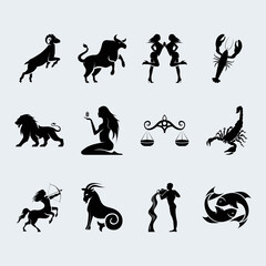 Black zodiac symbols flat icons illustration. Silhouette black horoscope signs. Astrological signs