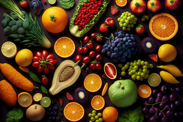 Still life background ofvarious fruits and vegetables set. 4K wallpaper. AI illustration