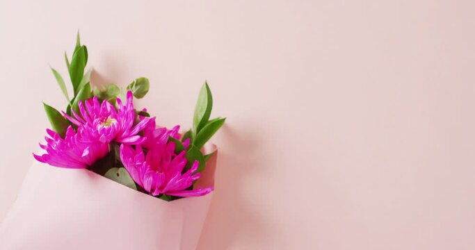 Video of pink flowers in envelope with copy space on pink background