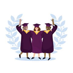 Happy graduated  women students wearing academic  gown and cap and celebrating graduation. Flat vector illustration.