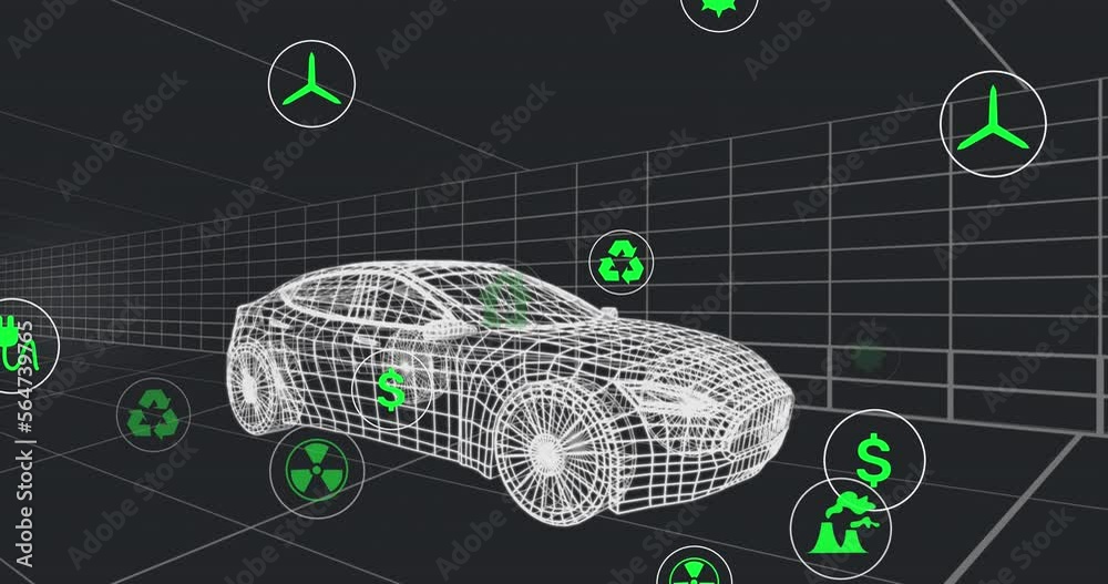 Poster animation of multiple digital icons over 3d car model moving in seamless pattern on black background