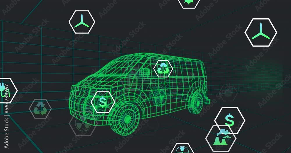 Poster animation of multiple digital icons over 3d van model moving in seamless pattern on black background