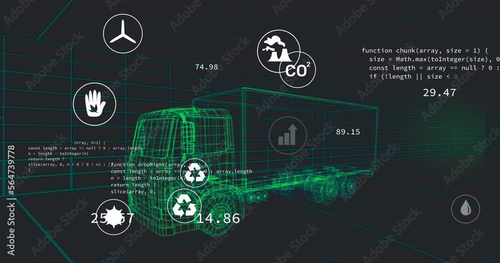 Poster animation of multiple digital icons over 3d truck model in seamless pattern and data processing