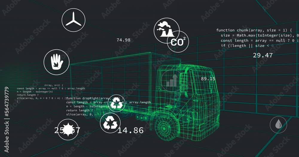Poster animation of multiple digital icons over 3d truck model in seamless pattern and data processing