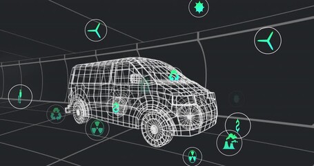 Animation of multiple digital icons over 3d van model moving in seamless pattern on black background - Powered by Adobe