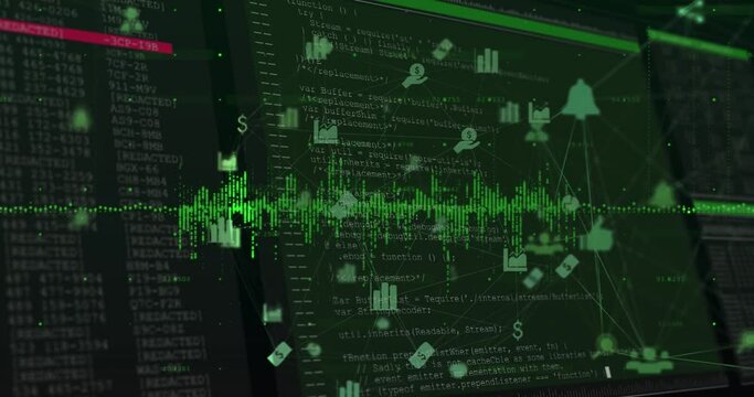 Animation of illuminated soundwaves, connected multiple icons over screen with computer language