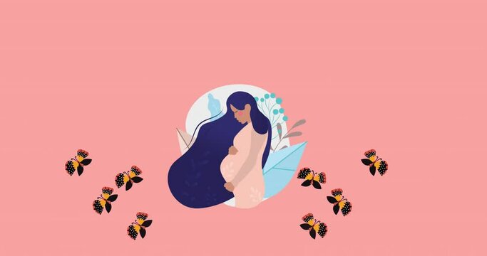 Animation of pregnant woman with long hair touching belly and butterflies flying on pink background