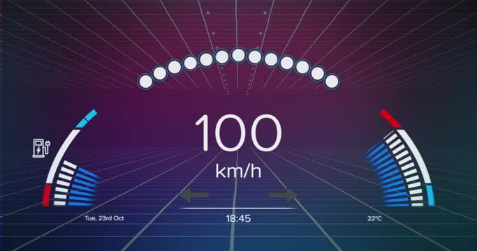 Animation of speedometer over grid network against purple gradient background