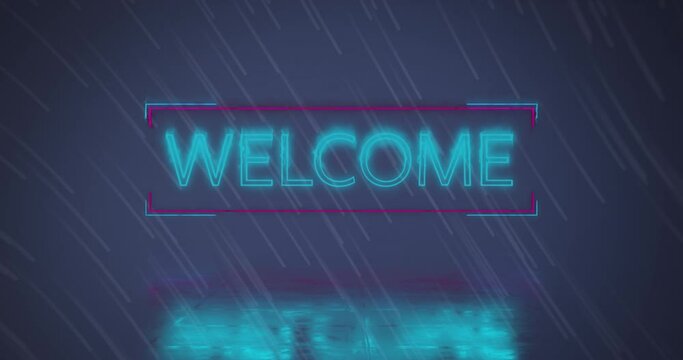 Animation of light trails over neon welcome text banner against blue background
