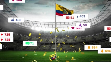 Animation of social media icons and confetti falling over waving texas flag against sports stadium - Powered by Adobe