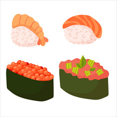 Set for sushi. Different types of sushi and rolls. Traditional Japanese roll, with tobiko caviar, original with Philadelphia cheese and soy sauce, salmon and king prawns. Vector illustration
