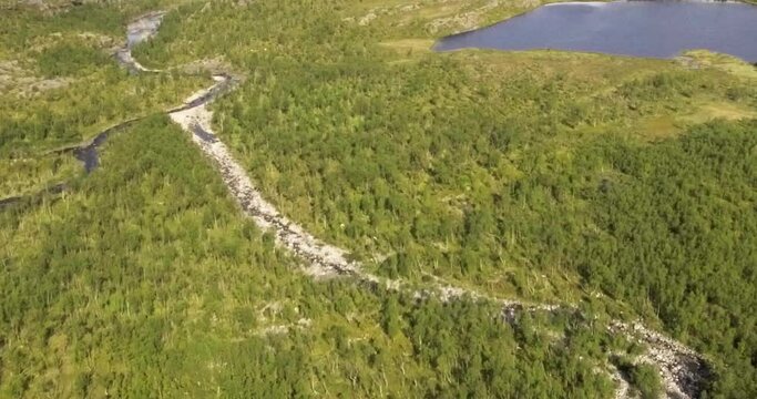 Aerial view of Galggojohka river on the E8 Nordlysveien road in summer when it&acute;s dried up, Storfjord, Troms og Finnmark, Norway. 
