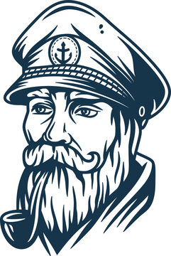 Bearded ship captain with a pipe and peaked cap for marine nautical design