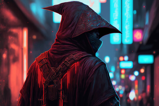 Epic samurai wallpaper from behind looking slightly to the right, face covered in the hood, insane. AI illustration