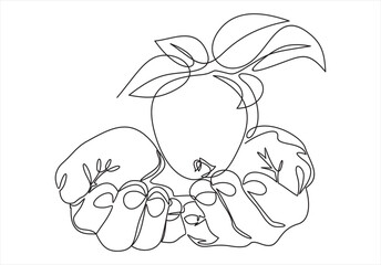Hand hold apple line icon fruit illustration food eco healthy symbol vector icon.One continuous line drawing