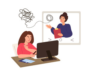 Fototapeta na wymiar Woman on psychologist online session,zoom.Woman talks about her problems to a therapist,online video call use computer Laptop.The psychologist records the client complaints and helps her.Vector Flat