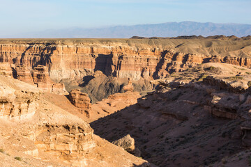 Fototapeta na wymiar Castles Valley in Charynsky canyon rocky landscape. Landmark of Kazakhstan