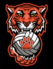 tiger mascot biting volleyball for school, college or league sports