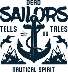 Anchor for sea print. Old marine or nautical anchorage ship. Design emblem of ocean port for sailor t-shirt