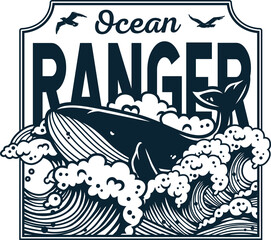 Whale at marine wave. Nautical sea animal for t-shirt print. Wanderlust and adventure illustration