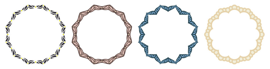 Hand drawn set of decorative round frames for design with floral ornaments. Circle mandala frame. Templates for printing postcards, invitations, books, textiles, yoga, invitation, graphic design