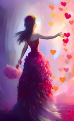 Girl with hearts. Valentine's Day greeting card. Bright background with red and pink hearts with copy space. AI-generated digital illustration.