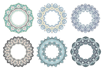 Hand drawn set of decorative round frames for design with floral ornaments. Circle mandala frame. Templates for printing postcards, invitations, books, textiles, yoga, invitation, graphic design