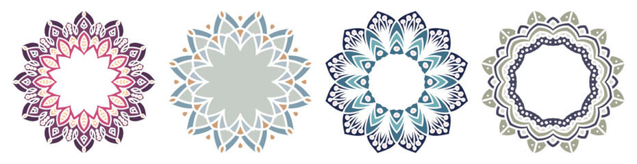 Hand drawn set of decorative round frames for design with floral ornaments. Circle mandala frame. Templates for printing postcards, invitations, books, textiles, yoga, invitation, graphic design