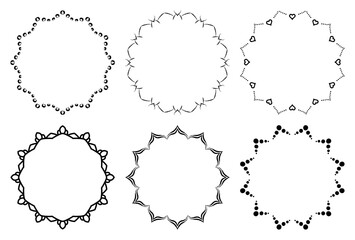 Hand drawn set of decorative round frames for design with floral ornaments. Circle mandala frame. Templates for printing postcards, invitations, books, textiles, yoga, invitation, graphic design