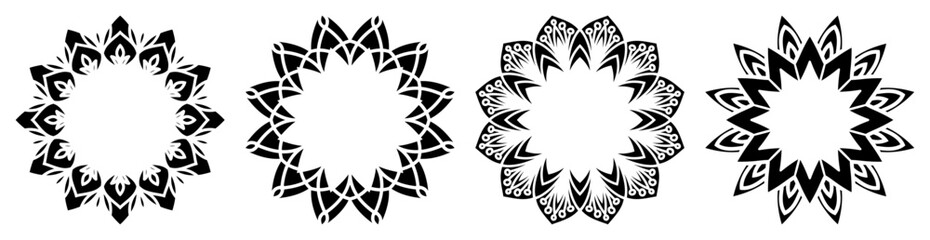 Fototapeta na wymiar Hand drawn set of decorative round frames for design with floral ornaments. Circle mandala frame. Templates for printing postcards, invitations, books, textiles, yoga, invitation, graphic design