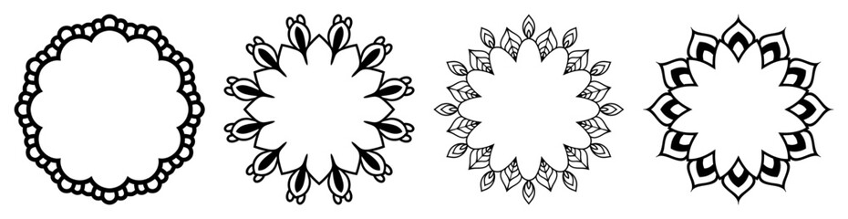 Hand drawn set of decorative round frames for design with floral ornaments. Circle mandala frame. Templates for printing postcards, invitations, books, textiles, yoga, invitation, graphic design