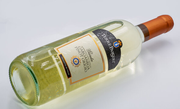 Terre Passeri Garganega Pinot Grigio Wine Bottle Closeup On White.