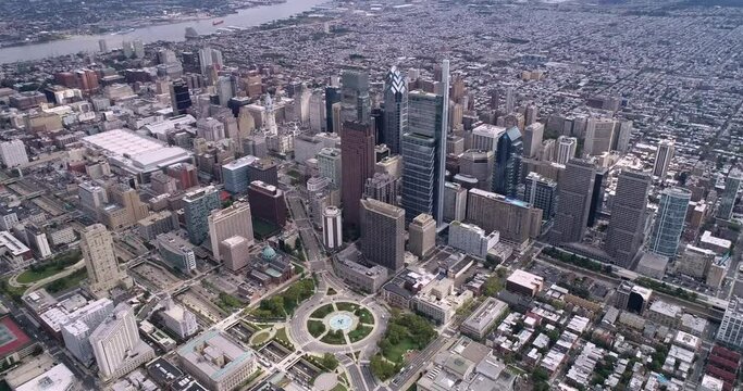 Philadelphia Cityscape Skyscrapers and Delaware River City Hall Logan Circle Park in Background