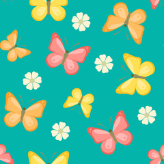 Multicolored butterflies and daisies on blue background. Vector floral illustration. Seamless pattern. Cartoon flat style.