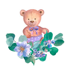Newborn Baby bear with blue flowers and green leaves. Watercolor illustration for baby boy shower isolated on white background. Perfect for card, invitation, baby shower, tags, printing.