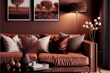 Beautiful interior of a luxurious living room with a long sofa and pillows | Well furnished Livingroom | Brown theme | Walls decorated with mirrors and paintings | Generative Ai | Interior design 