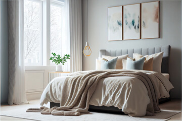 Modern and luxurious master bedroom | Interior design of a bed room | Beautiful and modern bed with pillows and blankets | Generative Ai | Photorealism | Indoor décor - obrazy, fototapety, plakaty