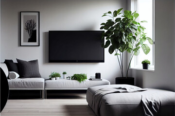 Interior of a modern, luxurious and stylish Tv lounge with a big blank black screen LED TV and white long sofa and plants | Mockup TV | Interior décor | Ai Generative | Light theme walls 