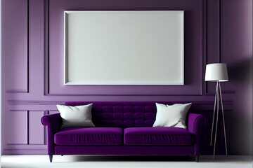 Mockup of a big blank wide picture frame on the wall of a living room with long purple sofa and white cushions in contemporary style | Purple theme | Interior design | Interior décor | Generative Ai 