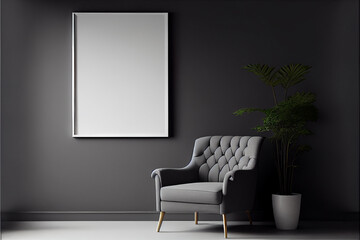 Interior of a living room with a blank poster frame hanging on a grey wall and a grey armchair | Generative Ai | Mockup of a poster frame