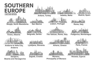All capitals of Southern Europe. Cities in a linear style with famous views and landmarks. Editable stroke. Skyline city line illustrations.