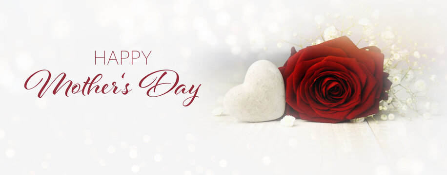 Mother's Day greeting card with red rose and heart against white bokeh lights - background banner, panorama