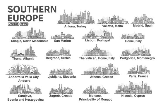 All capitals of Southern Europe. Cities in a linear style with famous views and landmarks. Editable stroke. Skyline city line illustrations.