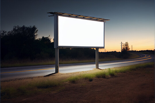 Mockup of a white blank wide billboard for advertisements along the country road at night | Night sky background | Mock-up of a billboard | Generative Ai | Advertising billboard | Horizontal billboard
