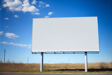 Mockup of a white blank wide billboard for advertisements along the country road | Blue sky in the background | Mock-up of a billboard | Generative Ai | Advertising billboard | Horizontal billboard