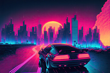 Retro synthwave poster with city landscape, super car and sunset. Night cityscape in neon colors. Generative AI