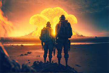 Fototapeta premium Two desperate soldiers look at the nuclear apocalypse with lowered weapons in their hands created with Generative AI technology