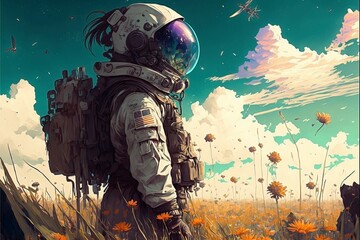 Fototapeta premium Cyberpunk Astronaut Exploring a Fantasy Field of Flowers - Generative AI Illustration