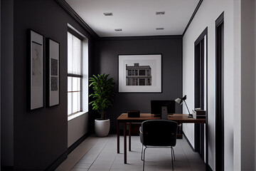 Naklejka na ściany i meble Interior of a modern office with and desk, pc, lamp and chair | Generative Ai | Simple empty workspace | Interior design of a private office