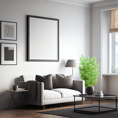 Mockup of a big blank picture frame on the white color wall of a living room with long sofa, plants and lamps in contemporary style | Interior design | Interior décor | Generative Ai | Modern designs